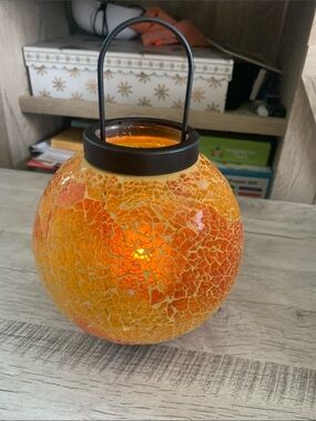 QVC Orange and Amber Mosaic Glass Lantern with Black Handle